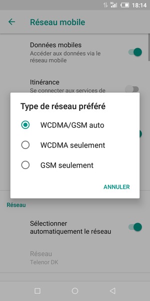 Sélectionnez GSM seulement pour activer la 2G et WCDMA/GSM auto pour activer la 3G
