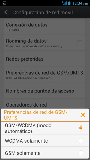 Seleccione GSM solamente para habilitar 2G y GSM/WCDMA (modo automático) para habilitar 3G