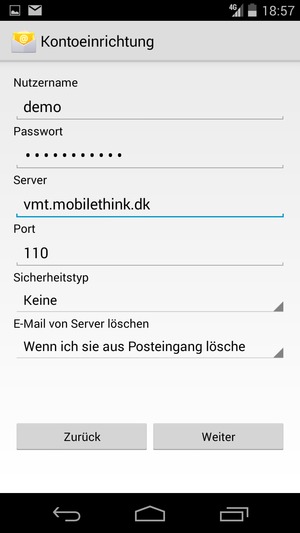 Geben Sie Nutzername und die Server-Adresse für eingehende Post ein. Wählen Sie Weiter