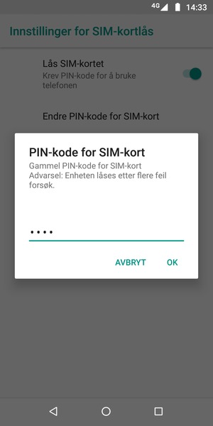 Skriv inn Gammel PIN-kode for SIM-kort og velg OK