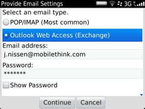 Select Outlook Web Access (Exchange) and enter Exchange email information