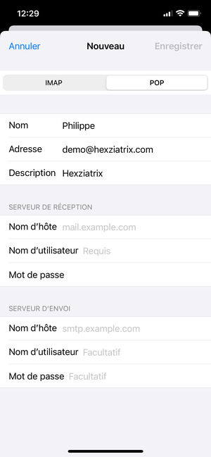 Sélectionnez IMAP ou POP et saisissez les informations e-mail pour SERVEUR DE RÉCEPTION