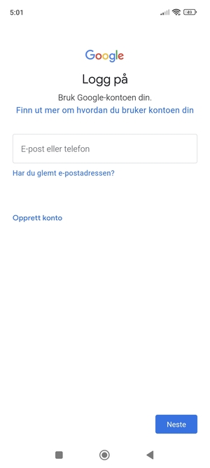 Skriv inn din Gmail-adresse og velg Neste