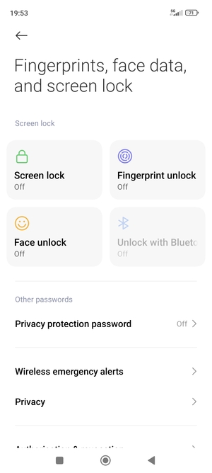 To activate your screen lock, return to the Fingerprints, face data, and screen lock menu and select Screen lock