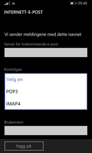 Velg Kontotype og velg POP3 eller IMAP4