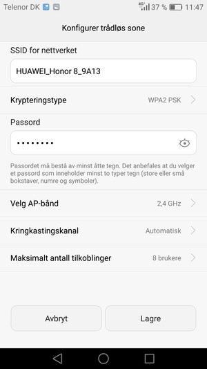 Skriv inn et Wi-Fi hotspot-passord på minst 8 tegn og velg Lagre