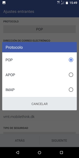 Seleccione POP  o IMAP 