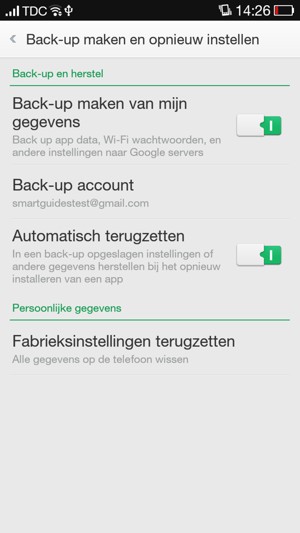Schakel Back-up maken van mijn gegevens in en selecteer Back-up account