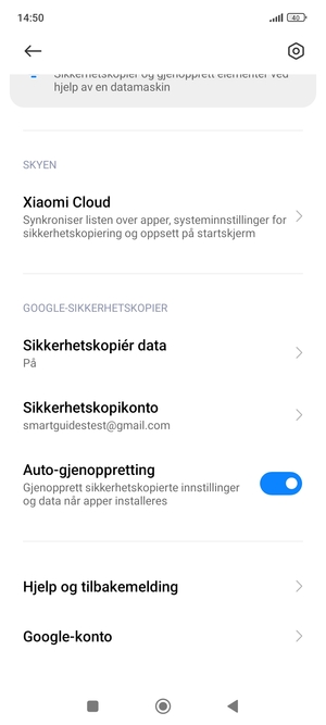 Velg Sikkerhetskopikonto