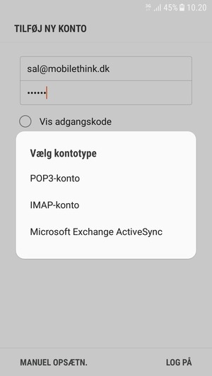 Vælg Microsoft Exchange ActiveSync