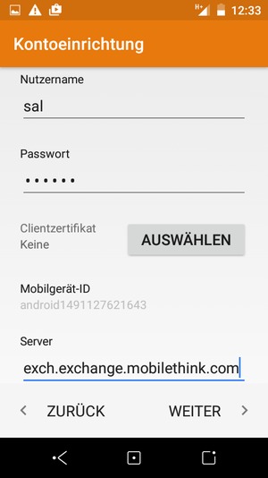 Geben Sie Nutzername und Exchange Server-Adresse ein. Wählen Sie WEITER