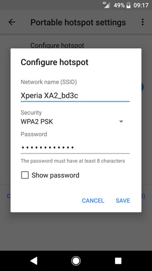 Enter a Wi-Fi hotspot password of at least 8 characters and select SAVE