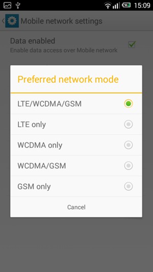 Select WCDMA/GSM  to enable 3G and LTE/WCDMA/GSM  to enable 4G