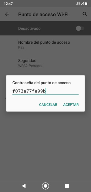 Introduzca una contraseña de punto de acceso Wi-Fi de al menos 8 caracteres y seleccione ACEPTAR