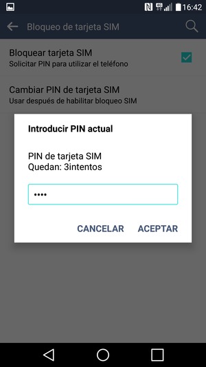Introduzca su Actual PIN de tarjeta SIM y seleccione ACEPTAR