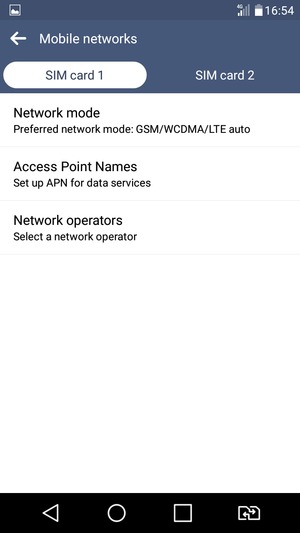 Select SIM card 1 or SIM card 2 and select Network mode