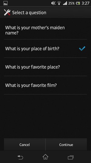 Select a security question and select Continue