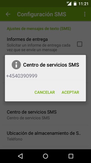 Introduzca el número de Centro de servicio SMS y seleccione ACEPTAR