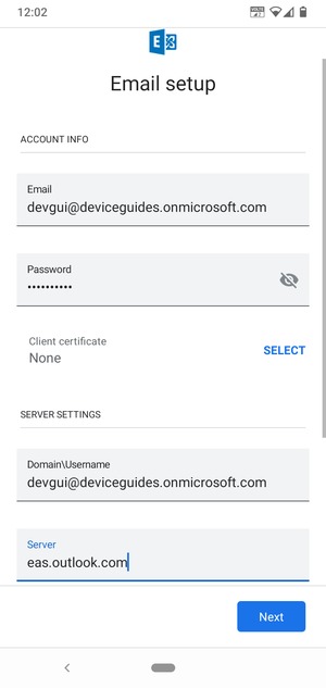 Enter Username and Exchange server address. Select Next