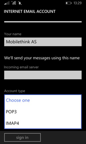 Select Account type and select POP3 or IMAP4