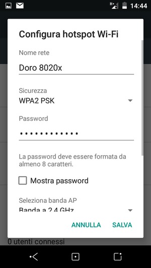 Inserisci una password dell'hotspot Wi-Fi di almeno 8 caratteri e seleziona SALVA