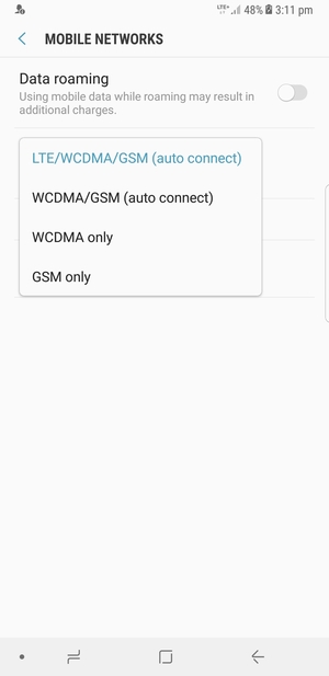 Select WCDMA/GSM (auto connect) to enable 3G and LTE/WCDMA/GSM (auto connect) to enable 4G