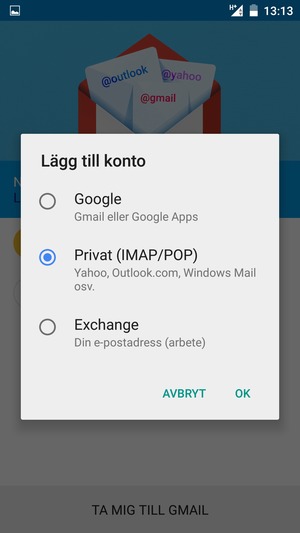 Select Privat (IMAP/POP3) og OK