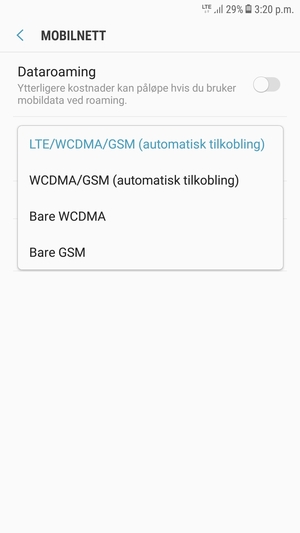 Velg WCDMA/GSM (automatisk tilkobling) for å aktivere 3G og LTE/WCDMA/GSM (automatisk tilkobling) for å aktivere 4G