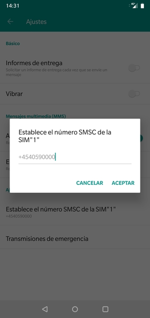 Introduzca el Número SMSC de la SIM y seleccione ACEPTAR
