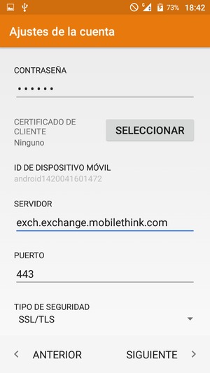 Desplácese hacia abajo e introduzca la dirección del servidor Exchange. Seleccione SIGUIENTE