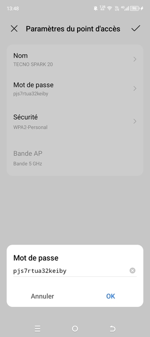 Saisissez un mot de passe de hotspot Wi-Fi d'au moins 8 caractères et sélectionnez OK