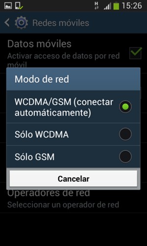 Seleccione Sólo GSM para habilitar 2G y WCDMA/GSM (conectar automáticamente) para habilitar 3G
