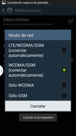 Seleccione WCDMA/GSM para habilitar 3G y seleccione LTE/WCDMA/GSM para habilitar 4G