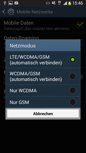 Wählen Sie WCDMA/GSM (automatisch verbinden, um 3G zu aktivieren und LTE/WCDMA/GSM (automatisch verbinden), um 4G zu aktivieren