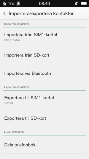 Välj Importera från SIM1-kortet eller Importera från SIM2-kortet