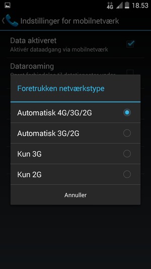 Vælg Kun 2G / Kun GSM for at aktivere 2G