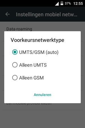 Selecteer Alleen GSM om 2G in te schakelen en UMTS/GSM (auto) om 3G in te schakelen