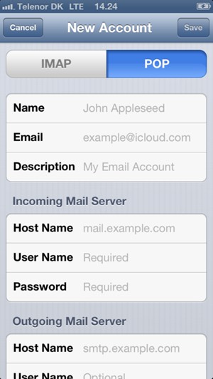 Select POP or IMAP and enter email information for Incoming Mail Server