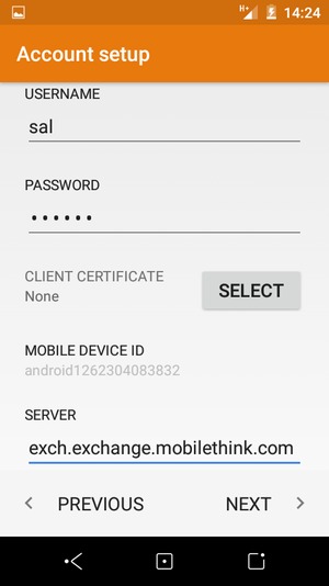 Enter USERNAME and Exchange server address. Select NEXT