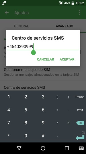 Introduzca el número de Centro de servicios de SMS y seleccione ACEPTAR