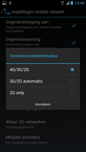 Selecteer 4G/3G/2G om 4G in te schakelen en 3G/2G automatic om 3G in te schakelen