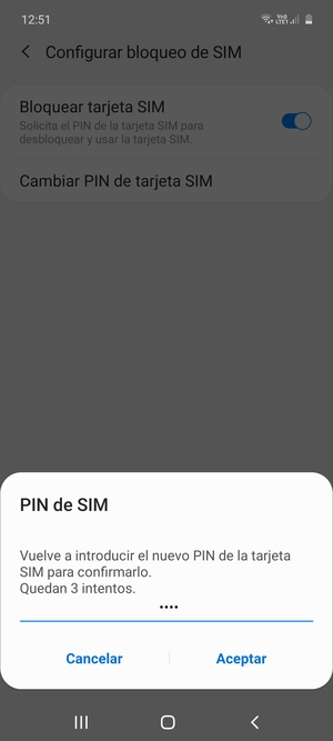 Confirme su nuevo PIN de la tarjeta SIM y seleccione Aceptar