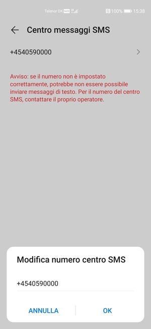 Inserisci Numero centro SMS e seleziona OK