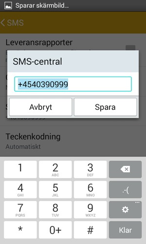 Ange SMS-central-numret och välj Spara