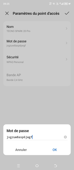 Saisissez un mot de passe de hotspot Wi-Fi d'au moins 8 caractères et sélectionnez OK