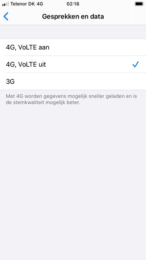Om bellen met VoLTE uit te schakelen, selecteer 4G, VoLTE uit