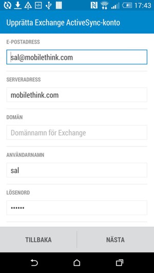 Ange Exchange-serveradressen och Användarnamn. Välj NÄSTA