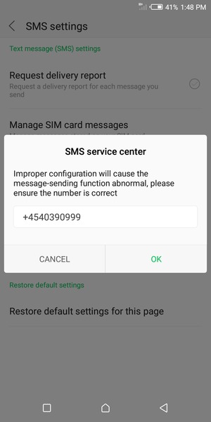 Enter the SMS service center number and select OK