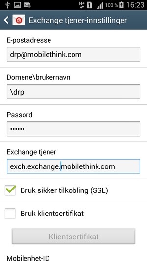 Skriv inn Brukernavn og Exchange serveradresse.