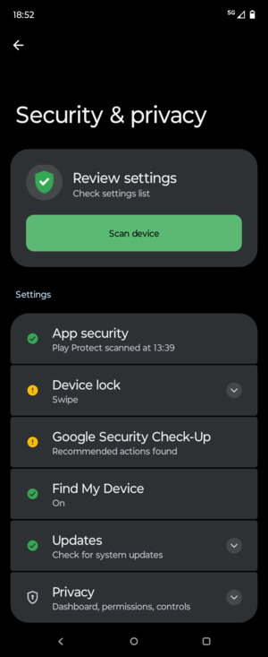 To activate your screen lock, go to the Security & privacy menu and select Device lock